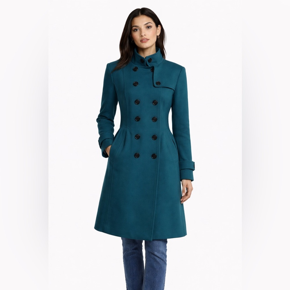 Burberry London Teal Double Breasted Coat Wool Blend UK14 | US 12 - Picture 2 of 10